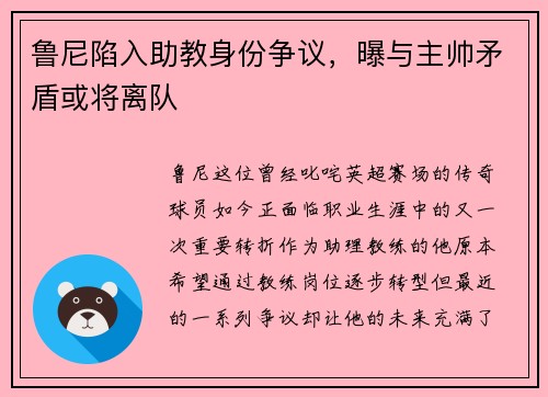 鲁尼陷入助教身份争议，曝与主帅矛盾或将离队
